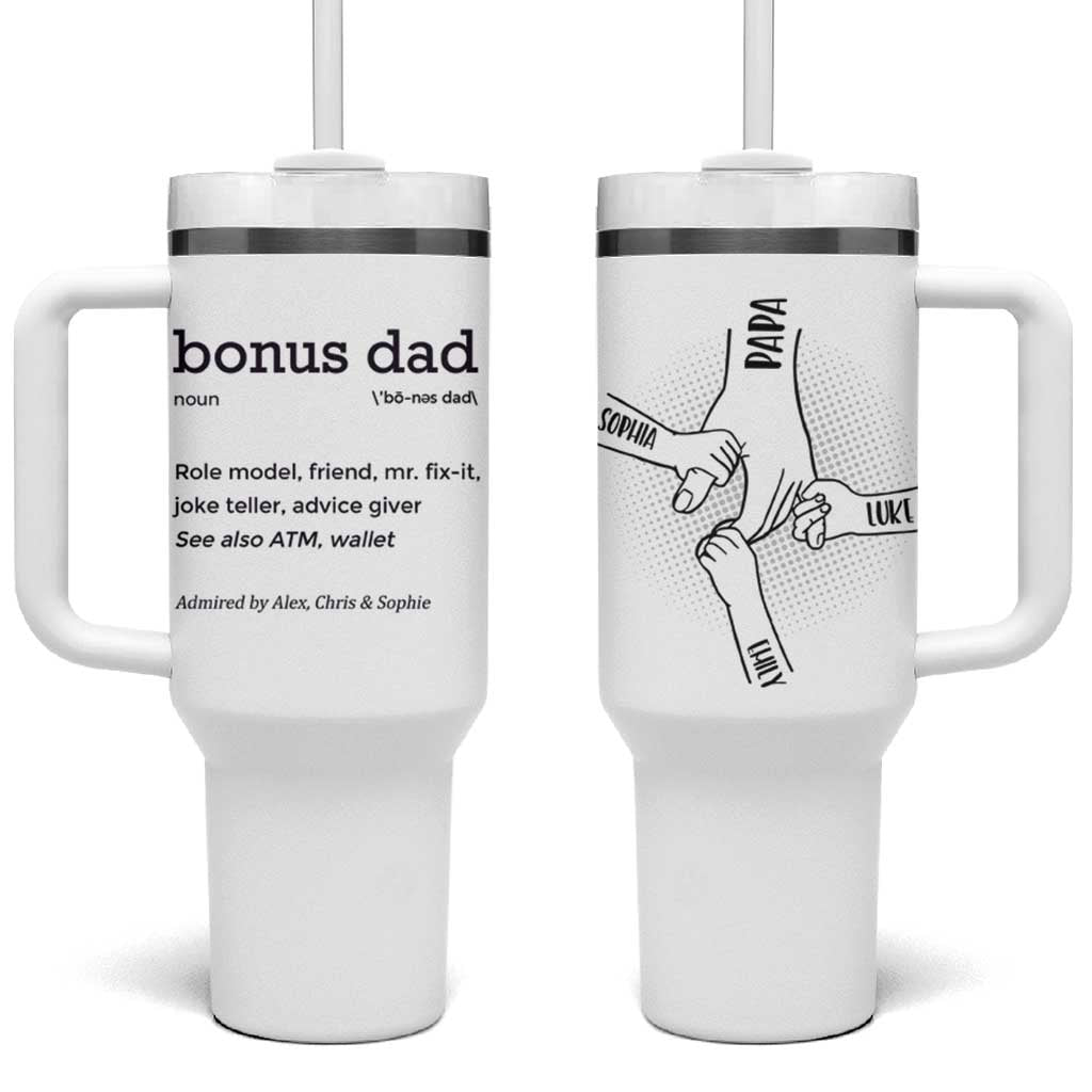 Custom Kids Name Stepdad Tumbler With Handle Bonus Dad Of Three Holding Hands - Wonder Print Shop