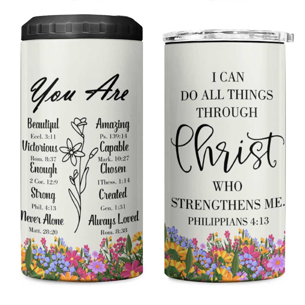 Uplifting Christian Faith 4 in 1 Can Cooler Tumbler I Can Do All Things Through Christ Who Strengthans Me Bible Verse Motivation