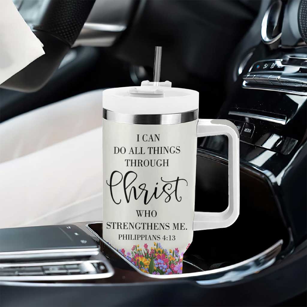 Uplifting Christian Faith Tumbler With Handle I Can Do All Things Through Christ Who Strengthans Me Bible Verse Motivation