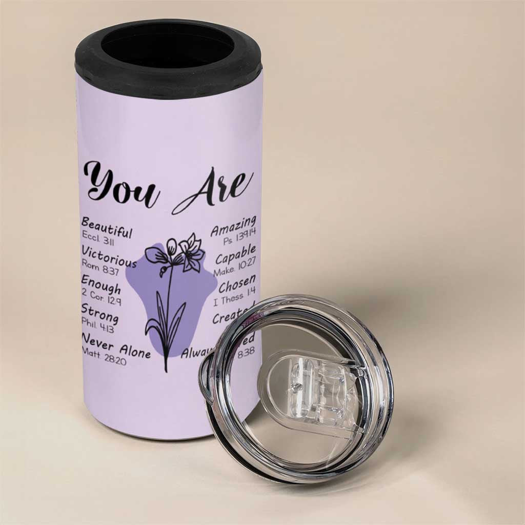 Uplifting Christian Faith 4 in 1 Can Cooler Tumbler You Are Affirmations Motivational Bible Verse