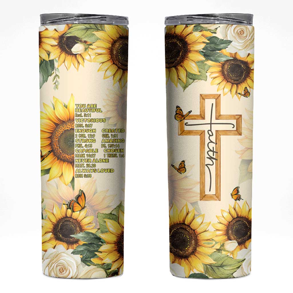Uplifting Christian Faith Sunflower Skinny Tumbler Bible Verse Affirmations Botanical