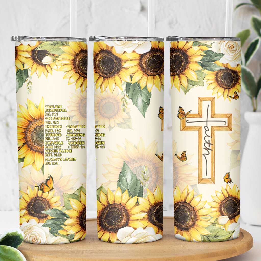 Uplifting Christian Faith Sunflower Skinny Tumbler Bible Verse Affirmations Botanical