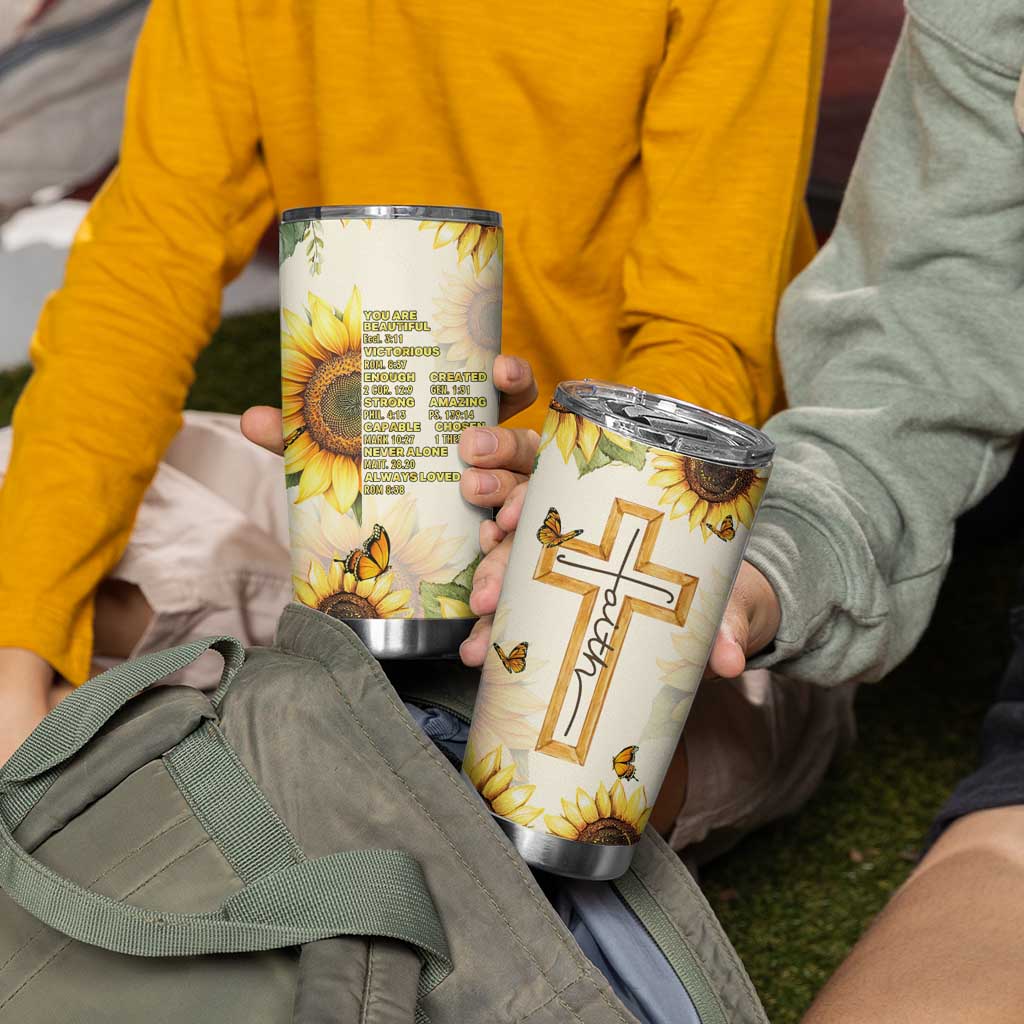 Uplifting Christian Faith Sunflower Tumbler Cup Bible Verse Affirmations Botanical