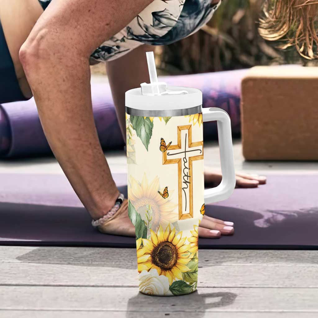 Uplifting Christian Faith Sunflower Tumbler With Handle Bible Verse Affirmations Botanical