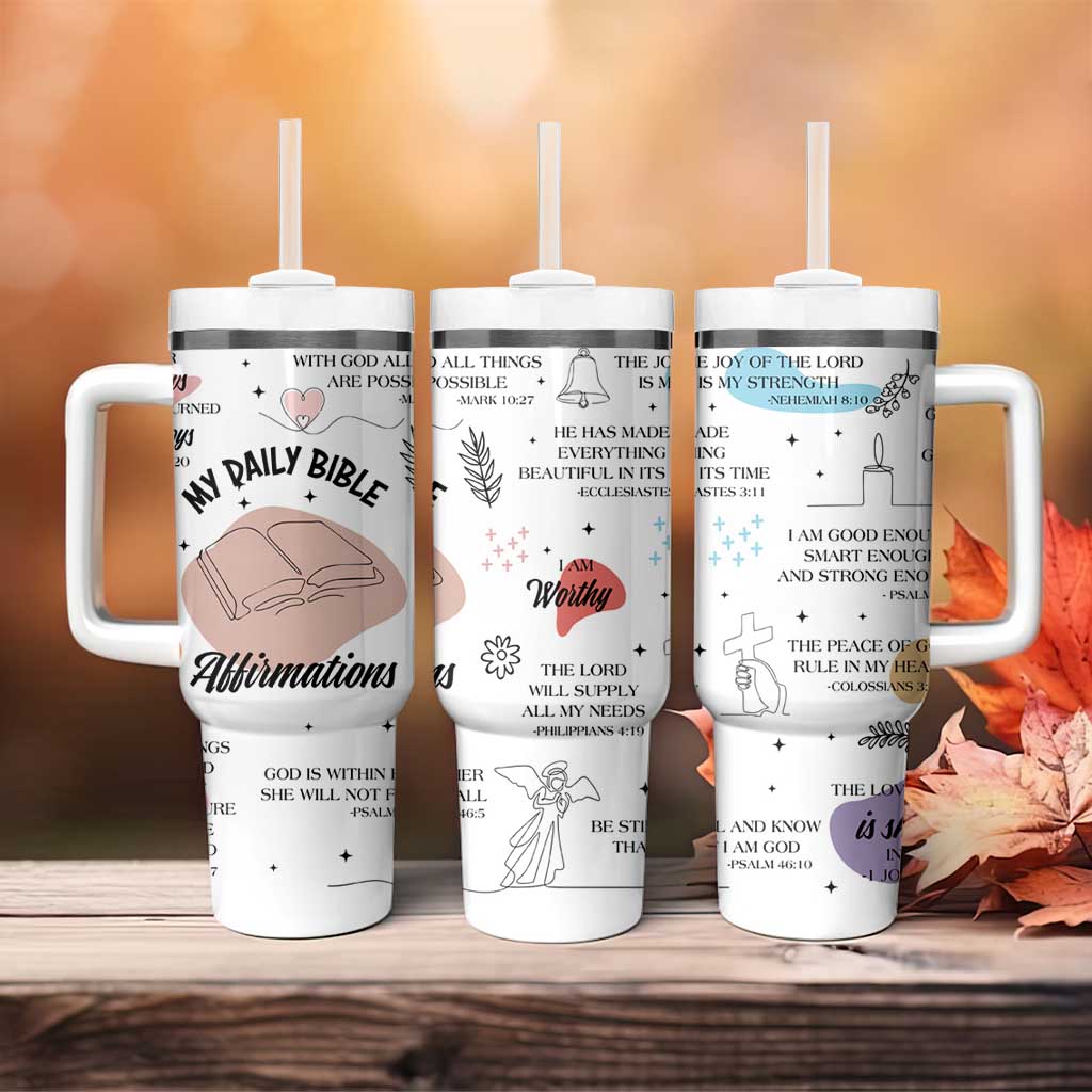 Daily Bible Affirmations Tumbler With Handle Christian Faith Motivation Uplifting Religious Gift