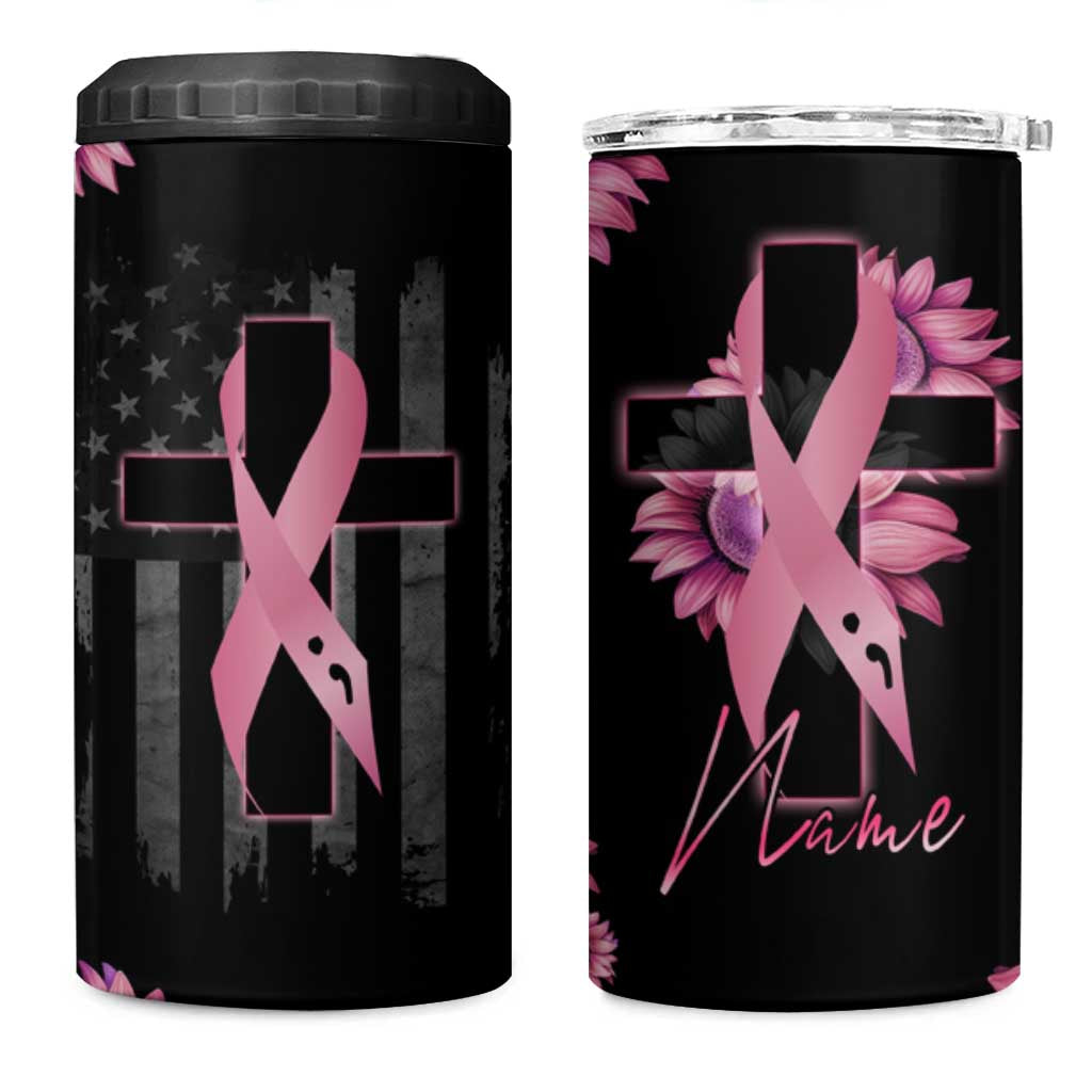 Personalized Breast Cancer Warrior Support 4 in 1 Can Cooler Tumbler Custom Name Pink Ribbon Sunflower American Flag