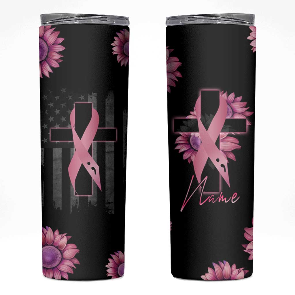 Personalized Breast Cancer Warrior Support Skinny Tumbler Custom Name Pink Ribbon Sunflower American Flag