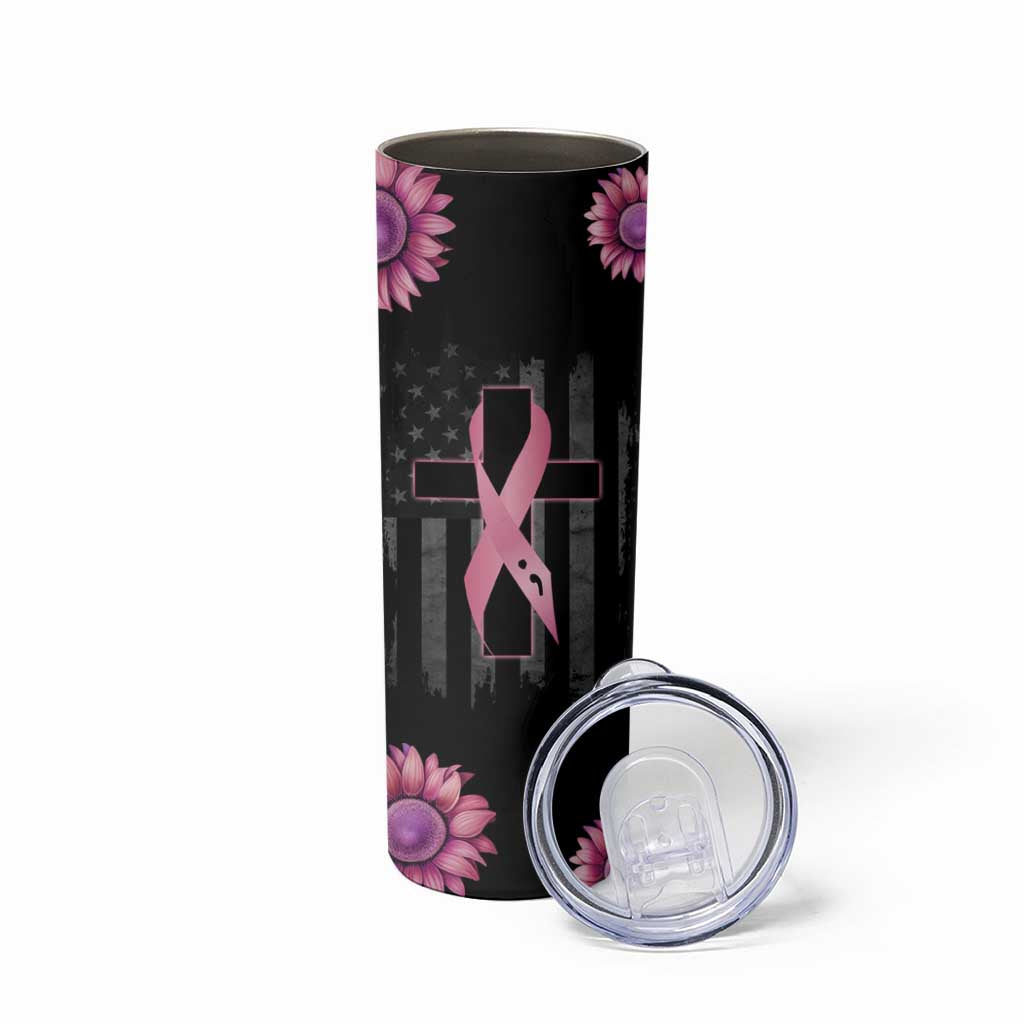 Personalized Breast Cancer Warrior Support Skinny Tumbler Custom Name Pink Ribbon Sunflower American Flag