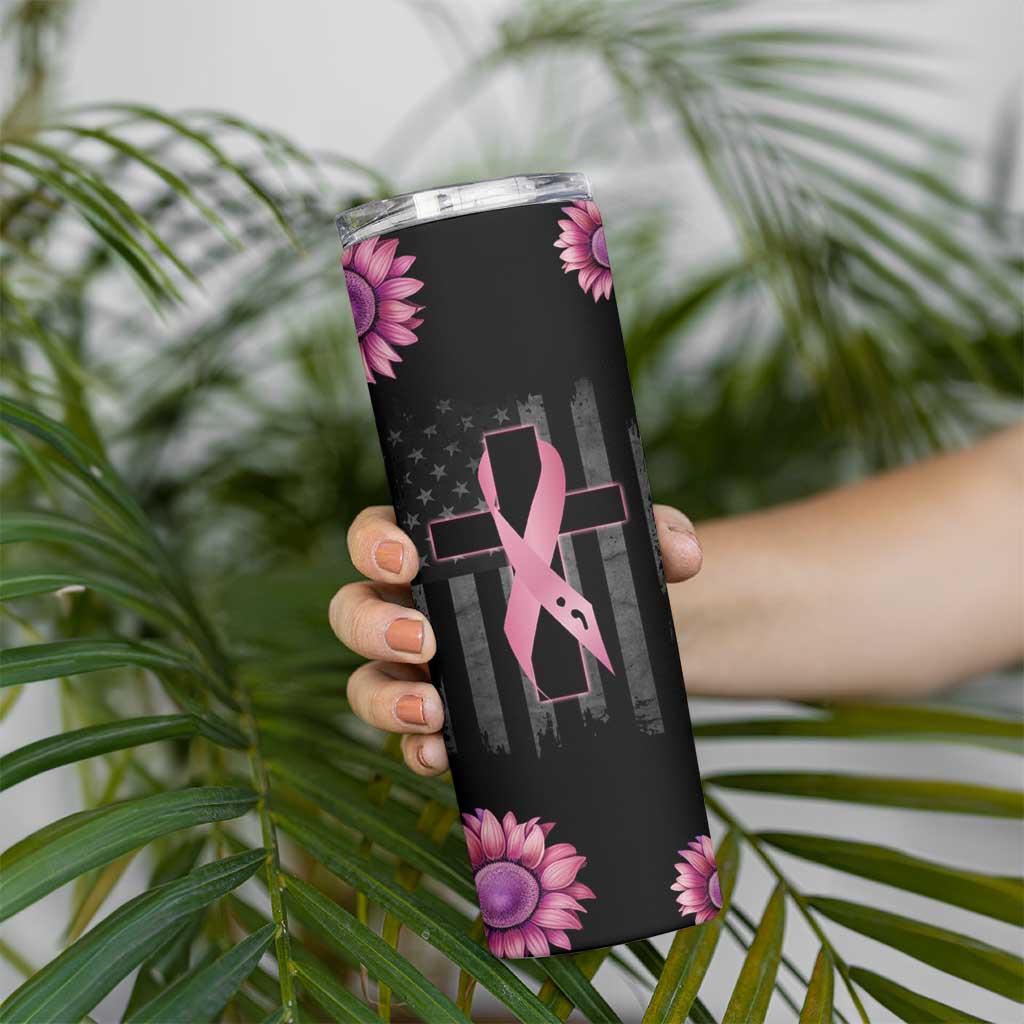 Personalized Breast Cancer Warrior Support Skinny Tumbler Custom Name Pink Ribbon Sunflower American Flag