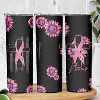 Personalized Breast Cancer Warrior Support Skinny Tumbler Custom Name Pink Ribbon Sunflower American Flag