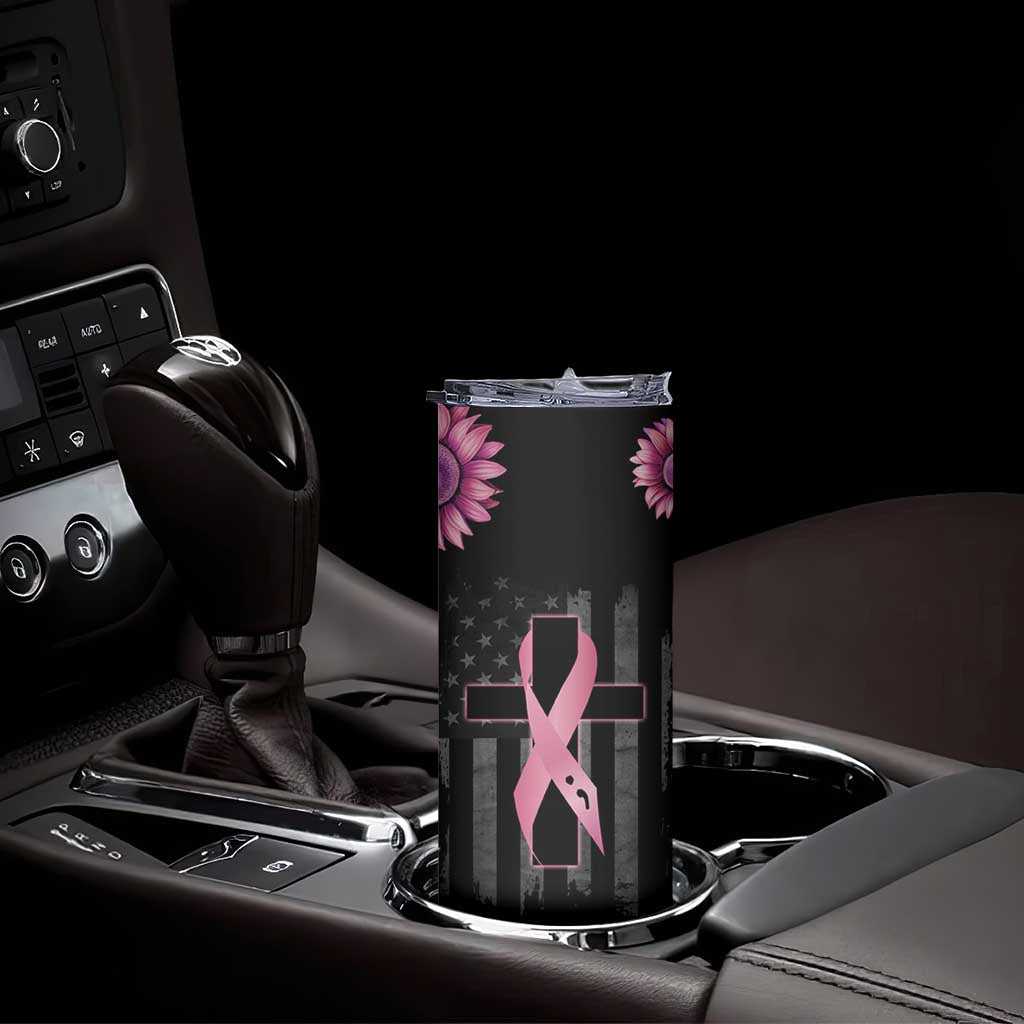 Personalized Breast Cancer Warrior Support Skinny Tumbler Custom Name Pink Ribbon Sunflower American Flag