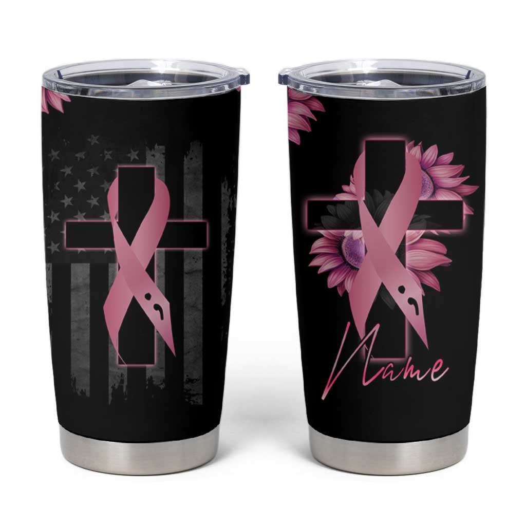 Personalized Breast Cancer Warrior Support Tumbler Cup Custom Name Pink Ribbon Sunflower American Flag