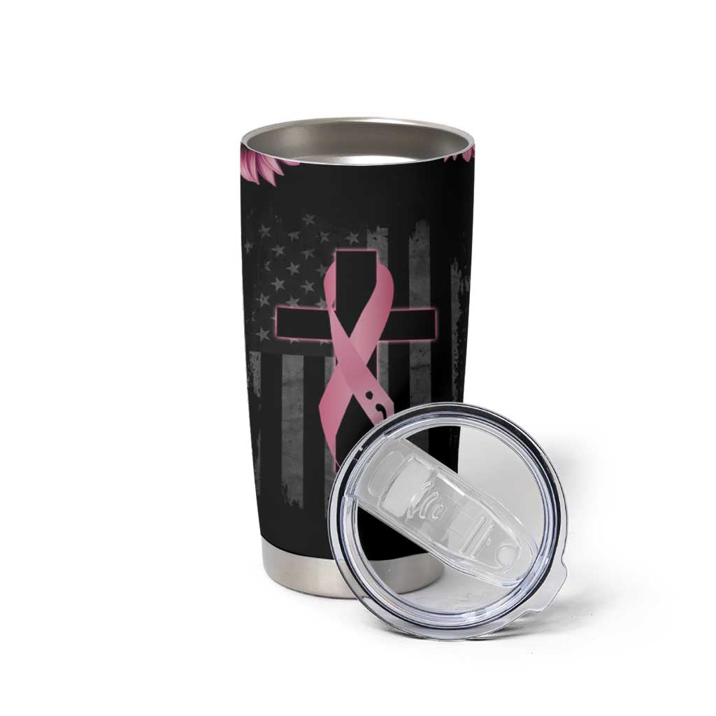 Personalized Breast Cancer Warrior Support Tumbler Cup Custom Name Pink Ribbon Sunflower American Flag