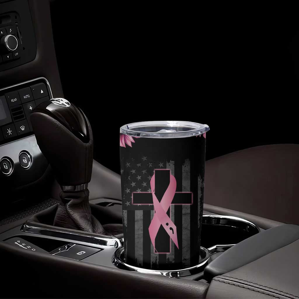 Personalized Breast Cancer Warrior Support Tumbler Cup Custom Name Pink Ribbon Sunflower American Flag