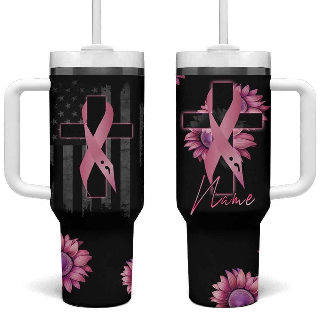 Personalized Breast Cancer Warrior Support Tumbler With Handle Custom Name Pink Ribbon Sunflower American Flag