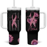 Personalized Breast Cancer Warrior Support Tumbler With Handle Custom Name Pink Ribbon Sunflower American Flag