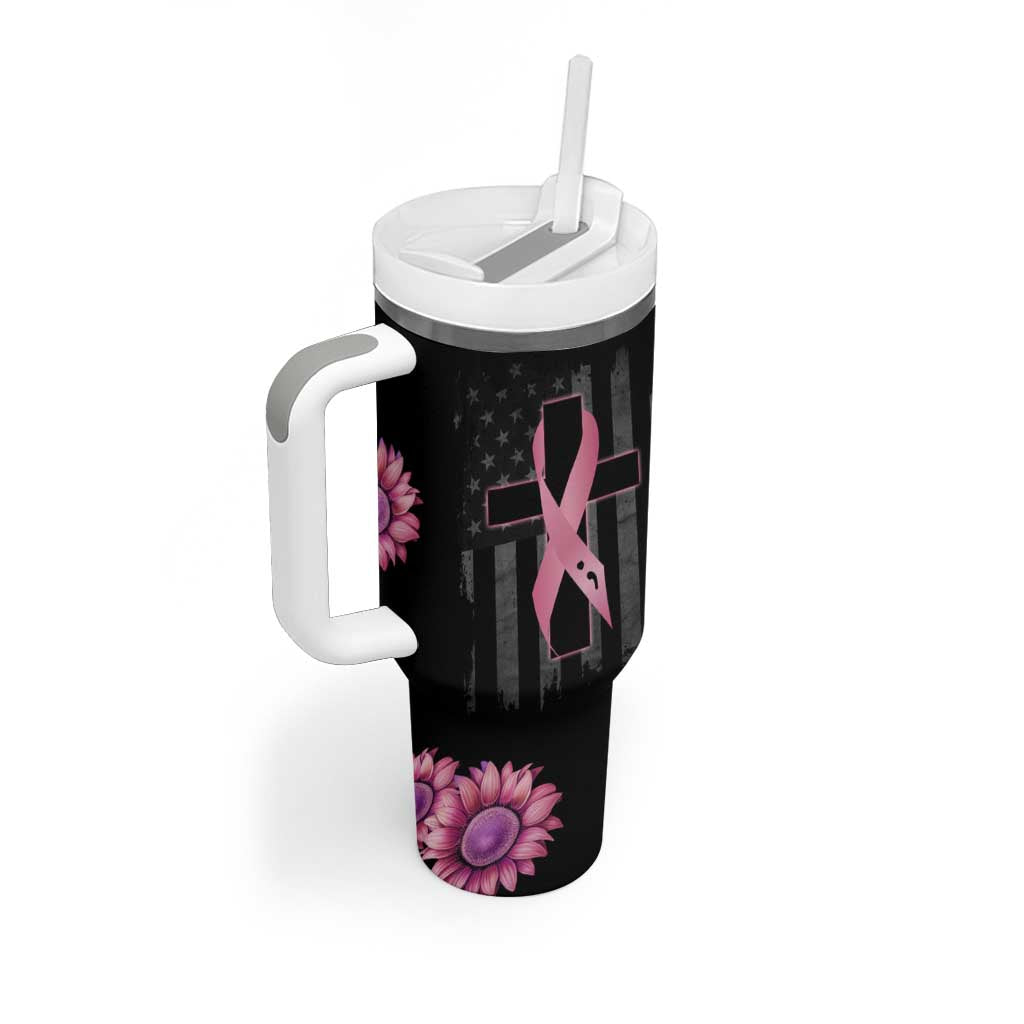 Personalized Breast Cancer Warrior Support Tumbler With Handle Custom Name Pink Ribbon Sunflower American Flag