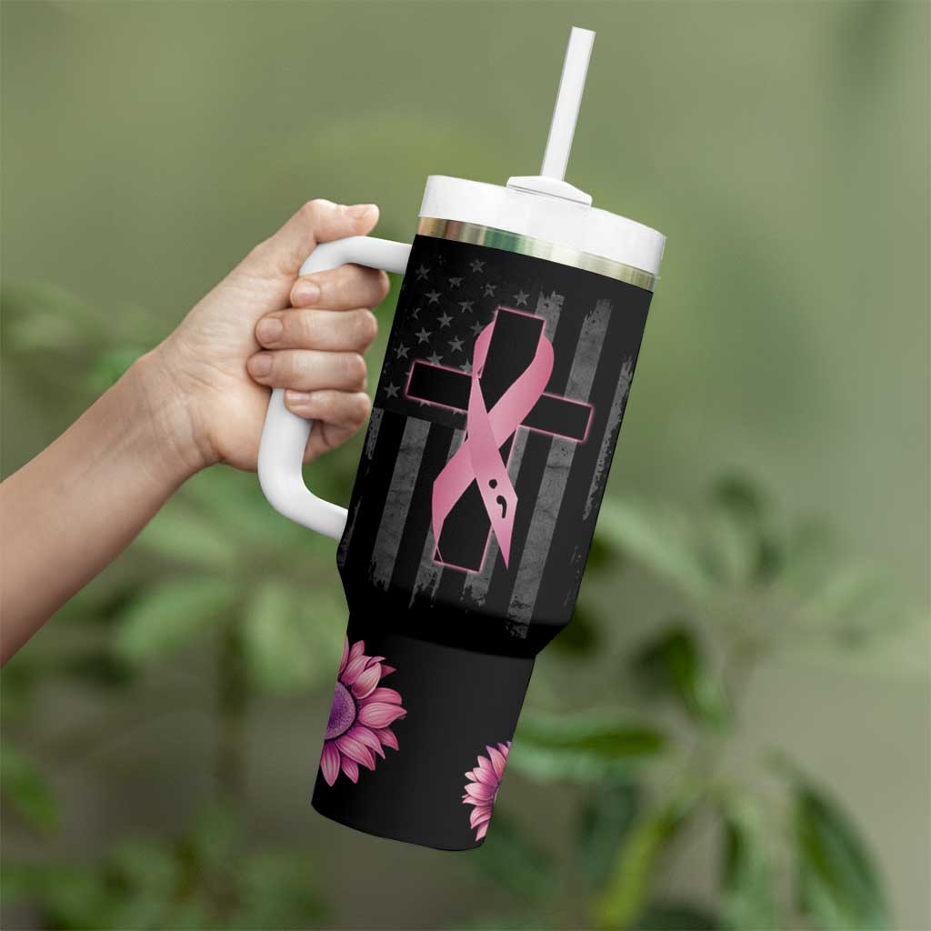 Personalized Breast Cancer Warrior Support Tumbler With Handle Custom Name Pink Ribbon Sunflower American Flag