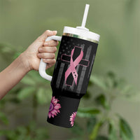 Personalized Breast Cancer Warrior Support Tumbler With Handle Custom Name Pink Ribbon Sunflower American Flag