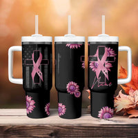 Personalized Breast Cancer Warrior Support Tumbler With Handle Custom Name Pink Ribbon Sunflower American Flag