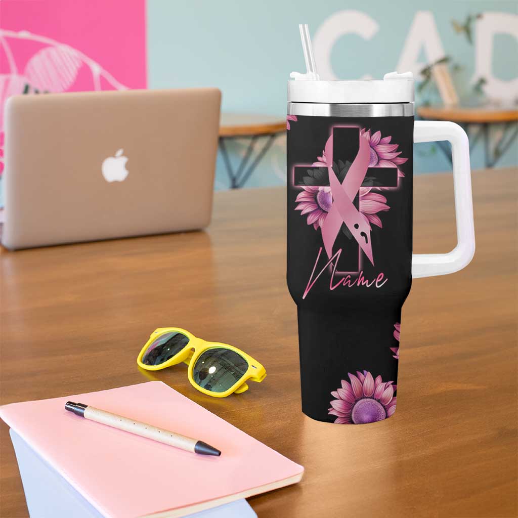 Personalized Breast Cancer Warrior Support Tumbler With Handle Custom Name Pink Ribbon Sunflower American Flag