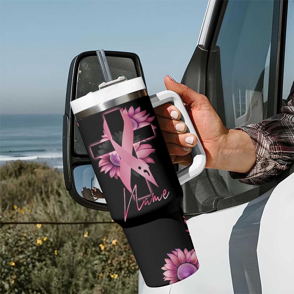 Personalized Breast Cancer Warrior Support Tumbler With Handle Custom Name Pink Ribbon Sunflower American Flag