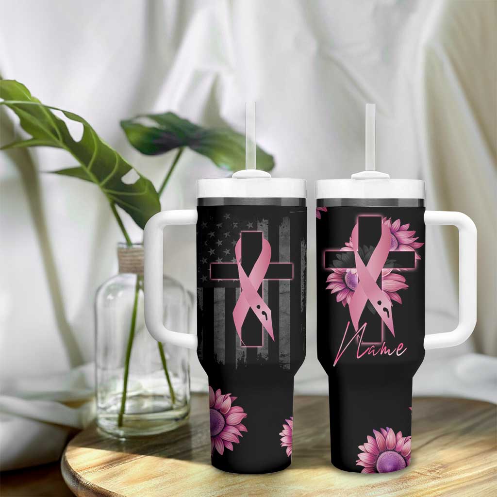 Personalized Breast Cancer Warrior Support Tumbler With Handle Custom Name Pink Ribbon Sunflower American Flag