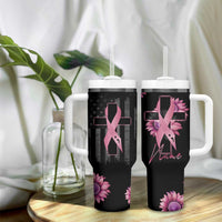Personalized Breast Cancer Warrior Support Tumbler With Handle Custom Name Pink Ribbon Sunflower American Flag