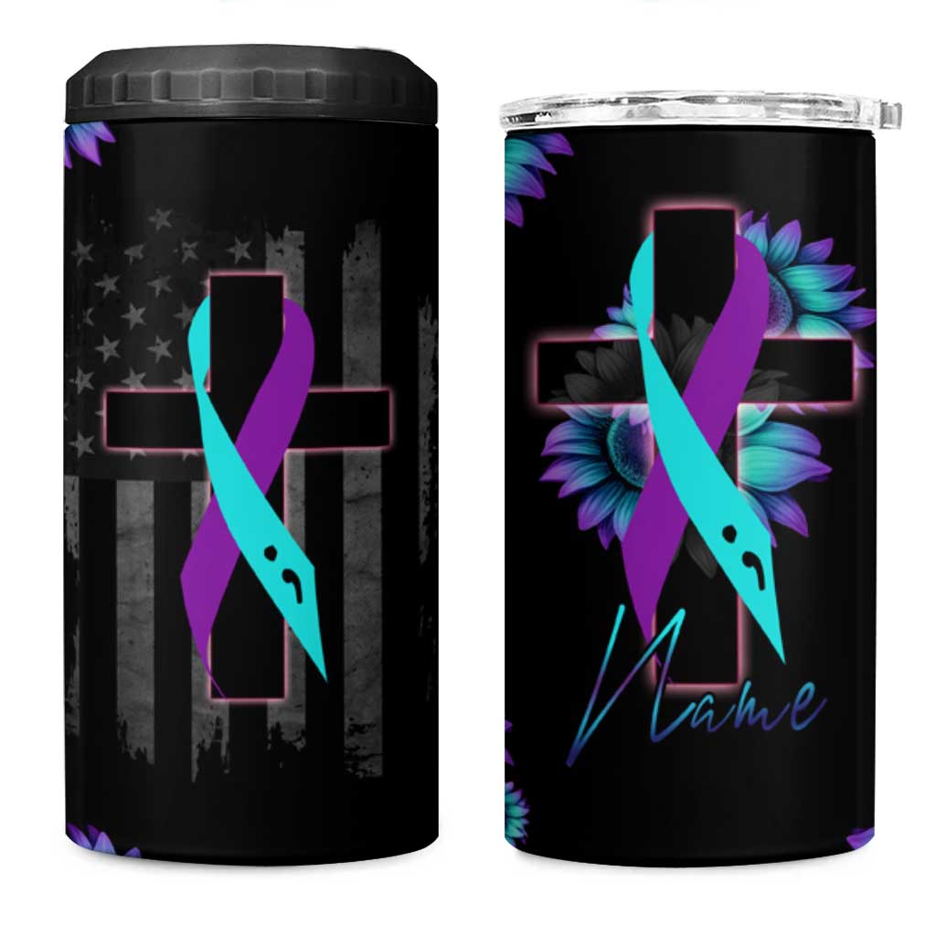 Personalized Suicide Prevention Awareness 4 in 1 Can Cooler Tumbler Custom Name Teal and Purple Ribbon Sunflower American Flag