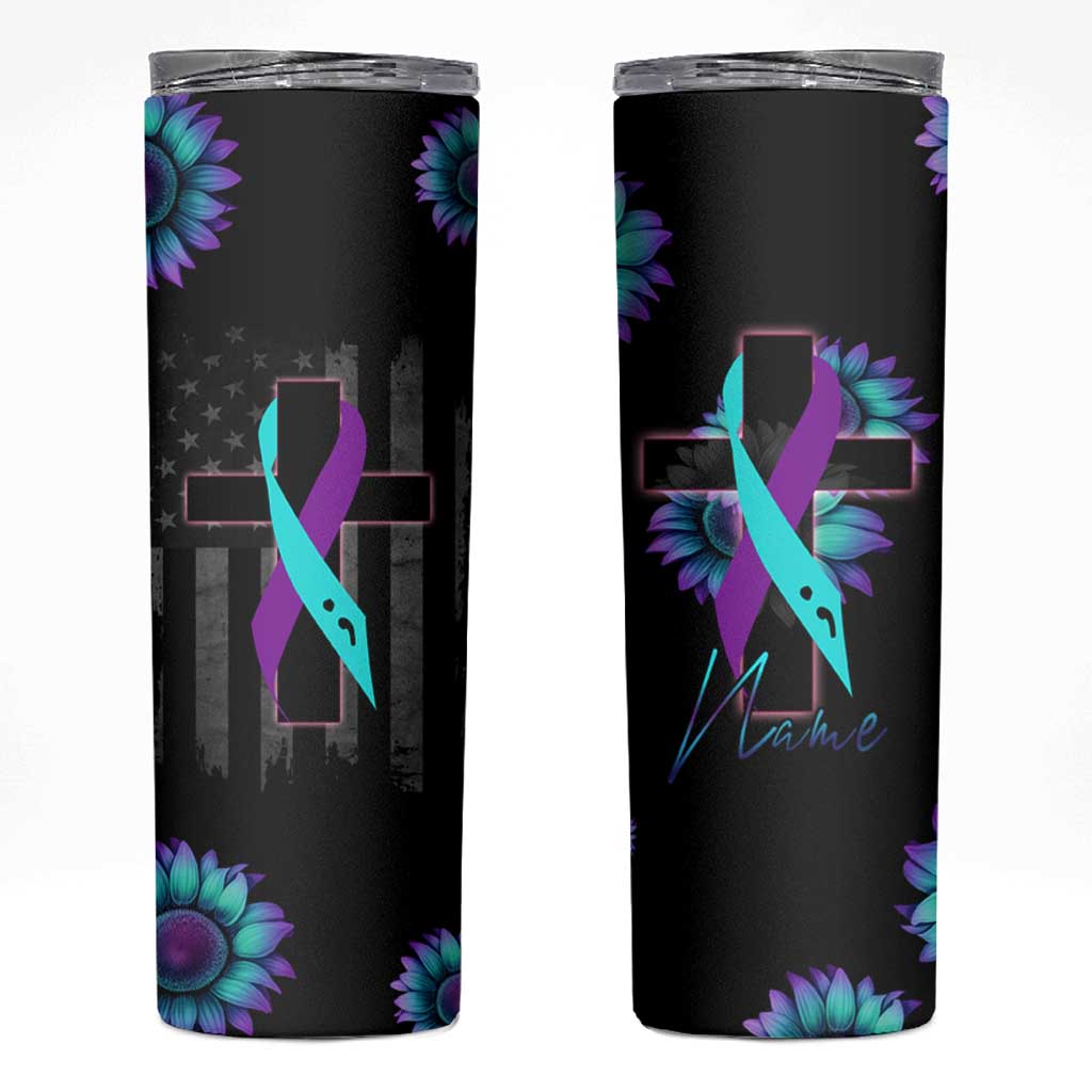 Personalized Suicide Prevention Awareness Skinny Tumbler Custom Name Teal and Purple Ribbon Sunflower American Flag
