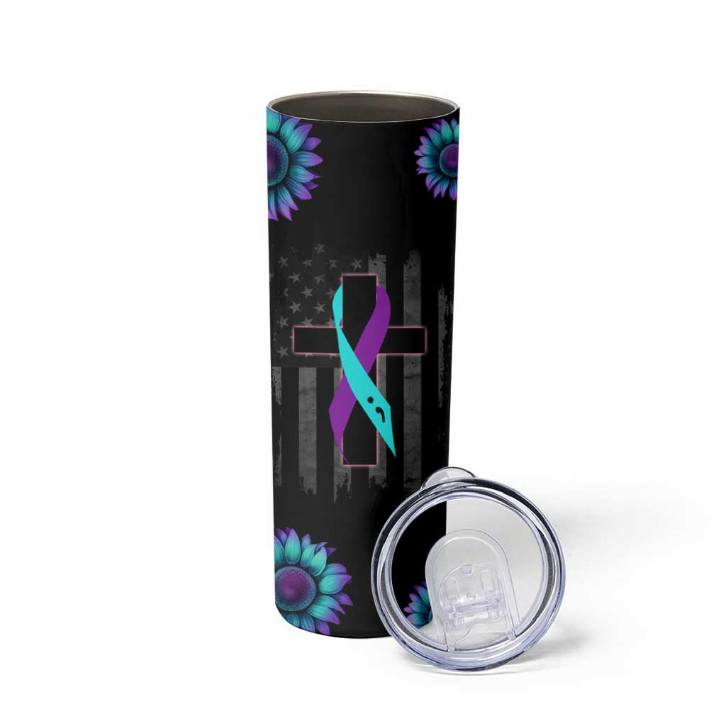 Personalized Suicide Prevention Awareness Skinny Tumbler Custom Name Teal and Purple Ribbon Sunflower American Flag
