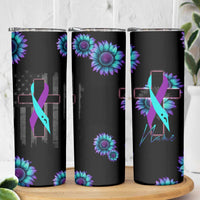 Personalized Suicide Prevention Awareness Skinny Tumbler Custom Name Teal and Purple Ribbon Sunflower American Flag