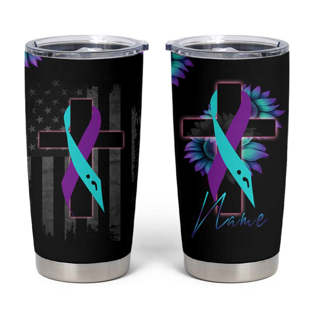 Personalized Suicide Prevention Awareness Tumbler Cup Custom Name Teal and Purple Ribbon Sunflower American Flag