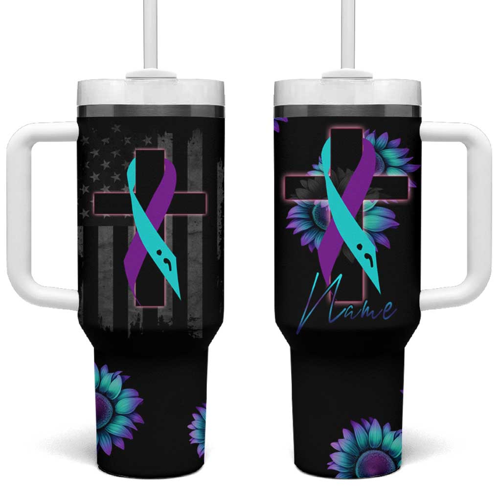 Personalized Suicide Prevention Awareness Tumbler With Handle Custom Name Teal and Purple Ribbon Sunflower American Flag
