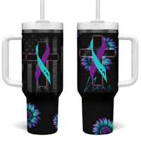 Personalized Suicide Prevention Awareness Tumbler With Handle Custom Name Teal and Purple Ribbon Sunflower American Flag