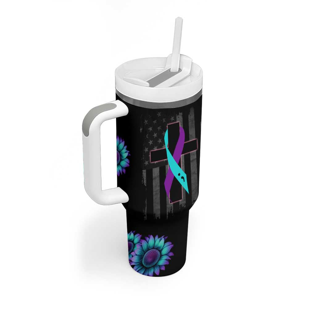 Personalized Suicide Prevention Awareness Tumbler With Handle Custom Name Teal and Purple Ribbon Sunflower American Flag