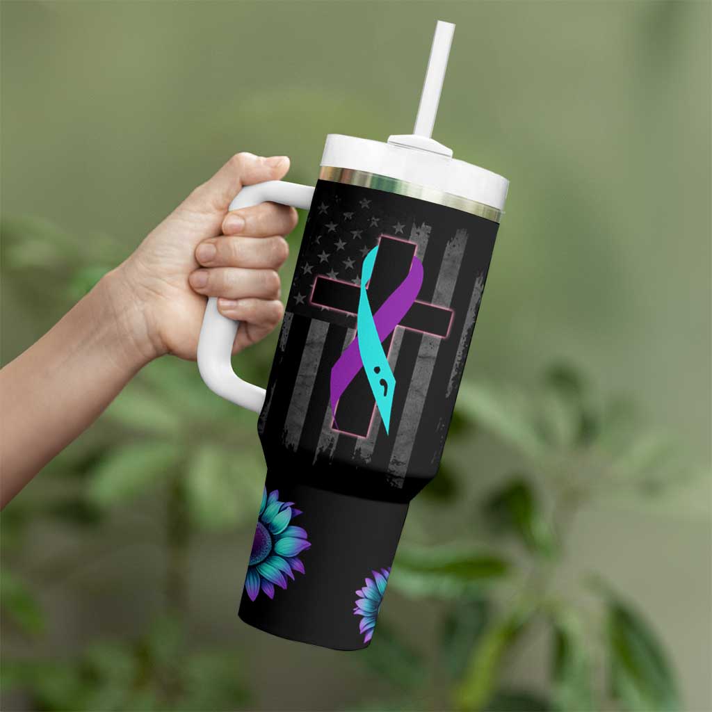 Personalized Suicide Prevention Awareness Tumbler With Handle Custom Name Teal and Purple Ribbon Sunflower American Flag