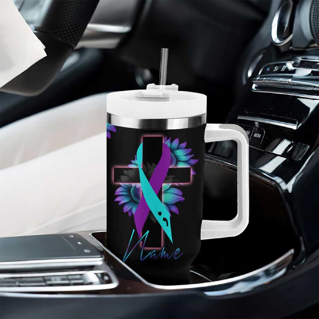 Personalized Suicide Prevention Awareness Tumbler With Handle Custom Name Teal and Purple Ribbon Sunflower American Flag