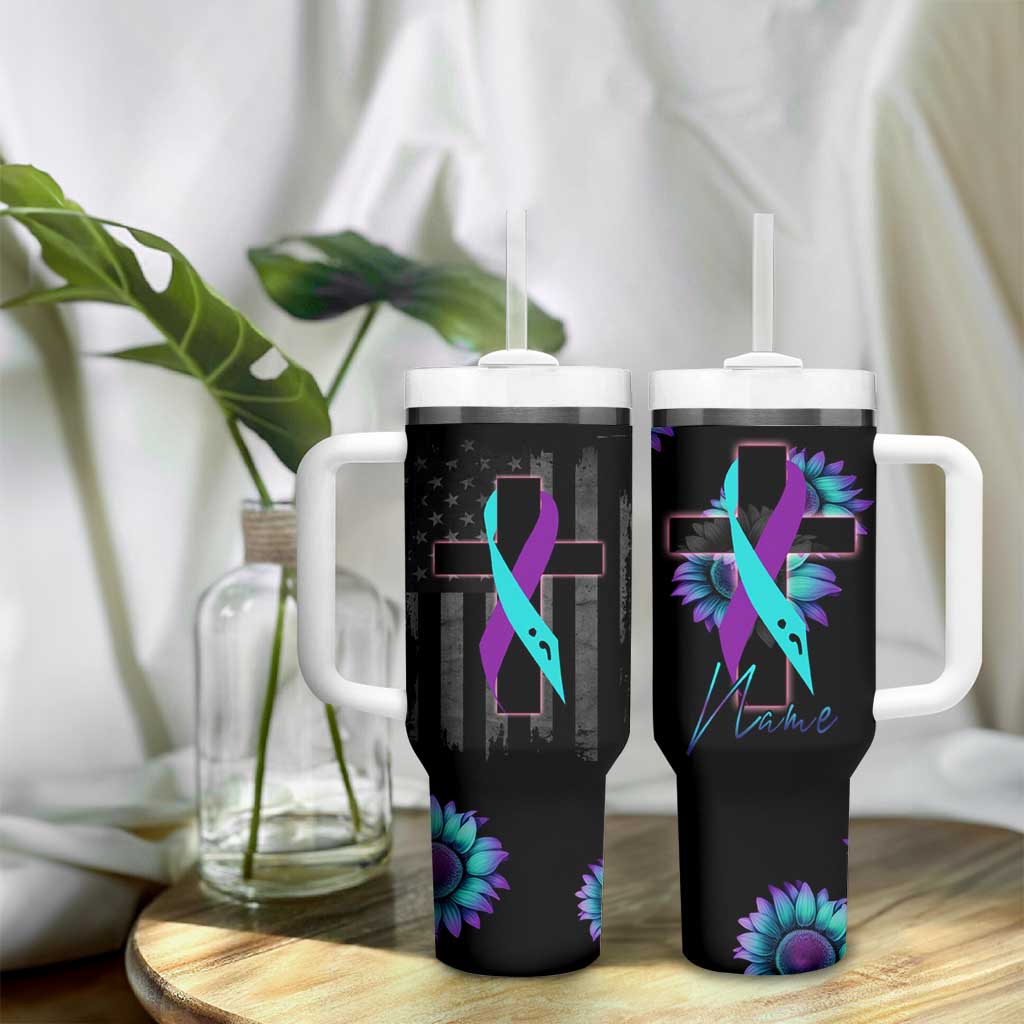 Personalized Suicide Prevention Awareness Tumbler With Handle Custom Name Teal and Purple Ribbon Sunflower American Flag