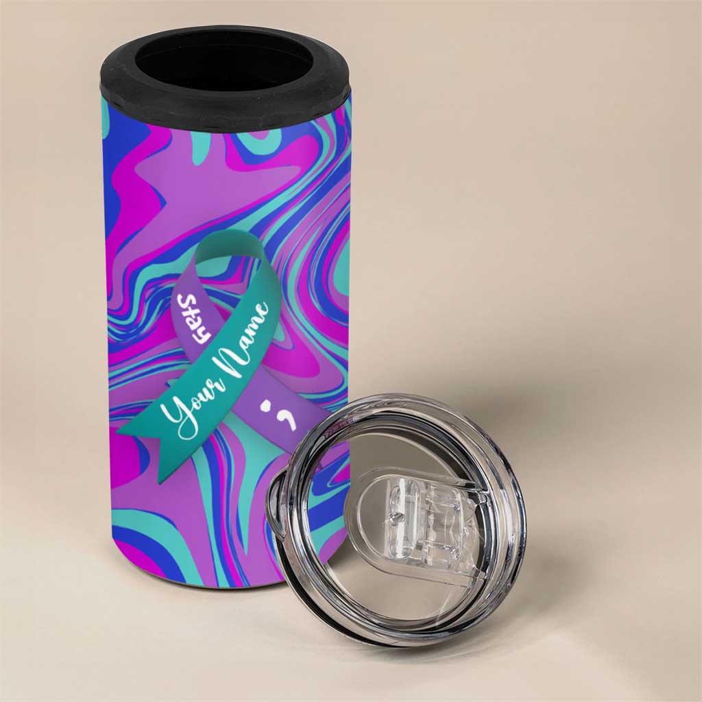 Personalized Suicide Prevention Awareness 4 in 1 Can Cooler Tumbler Custom Name Stay Semicolon Butterfiles Teal and Purple Hologram