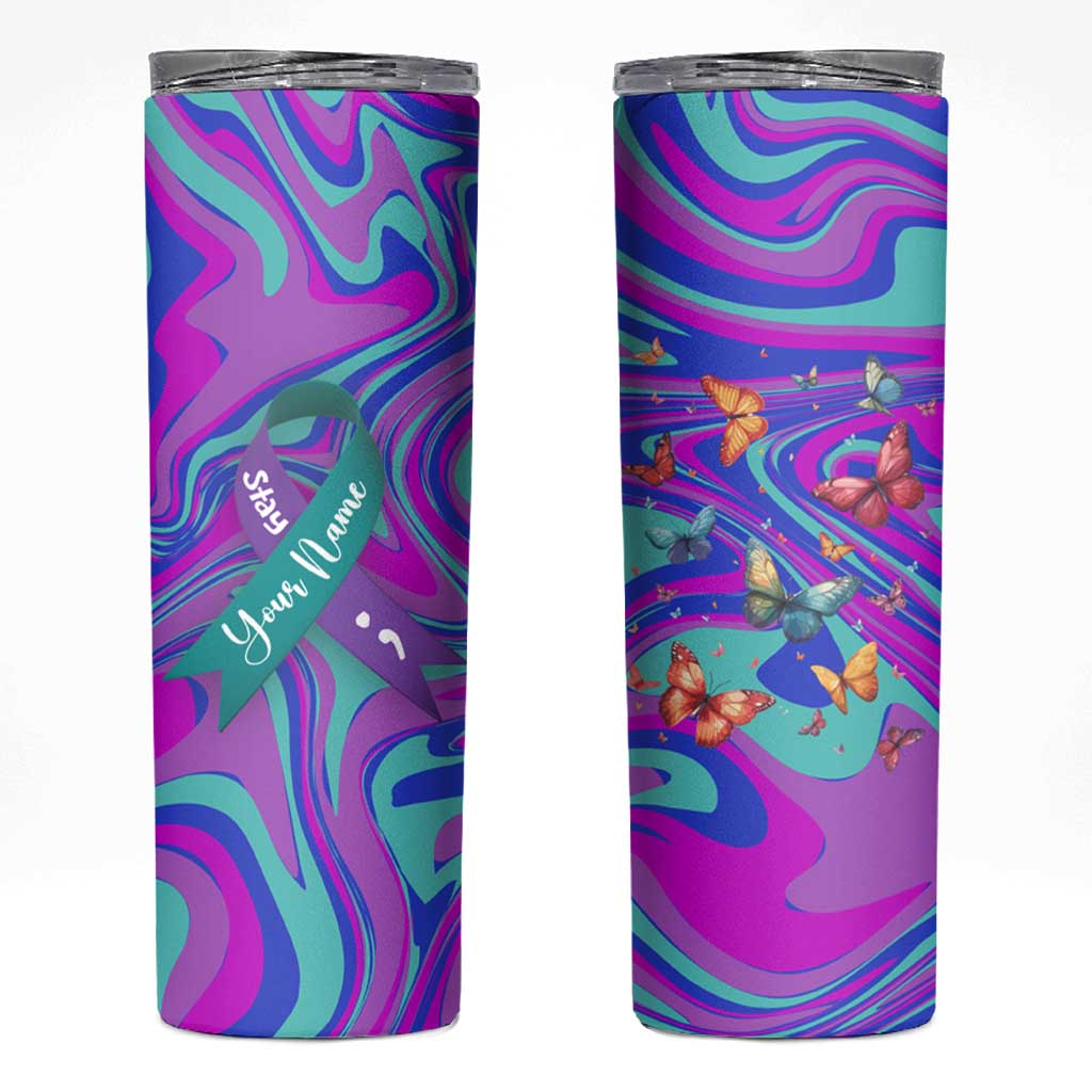Personalized Suicide Prevention Awareness Skinny Tumbler Custom Name Stay Semicolon Butterfiles Teal and Purple Hologram