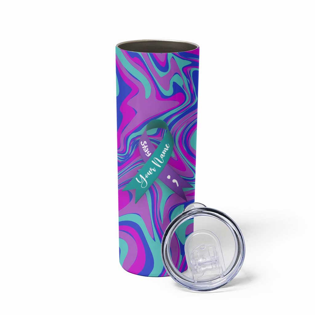 Personalized Suicide Prevention Awareness Skinny Tumbler Custom Name Stay Semicolon Butterfiles Teal and Purple Hologram