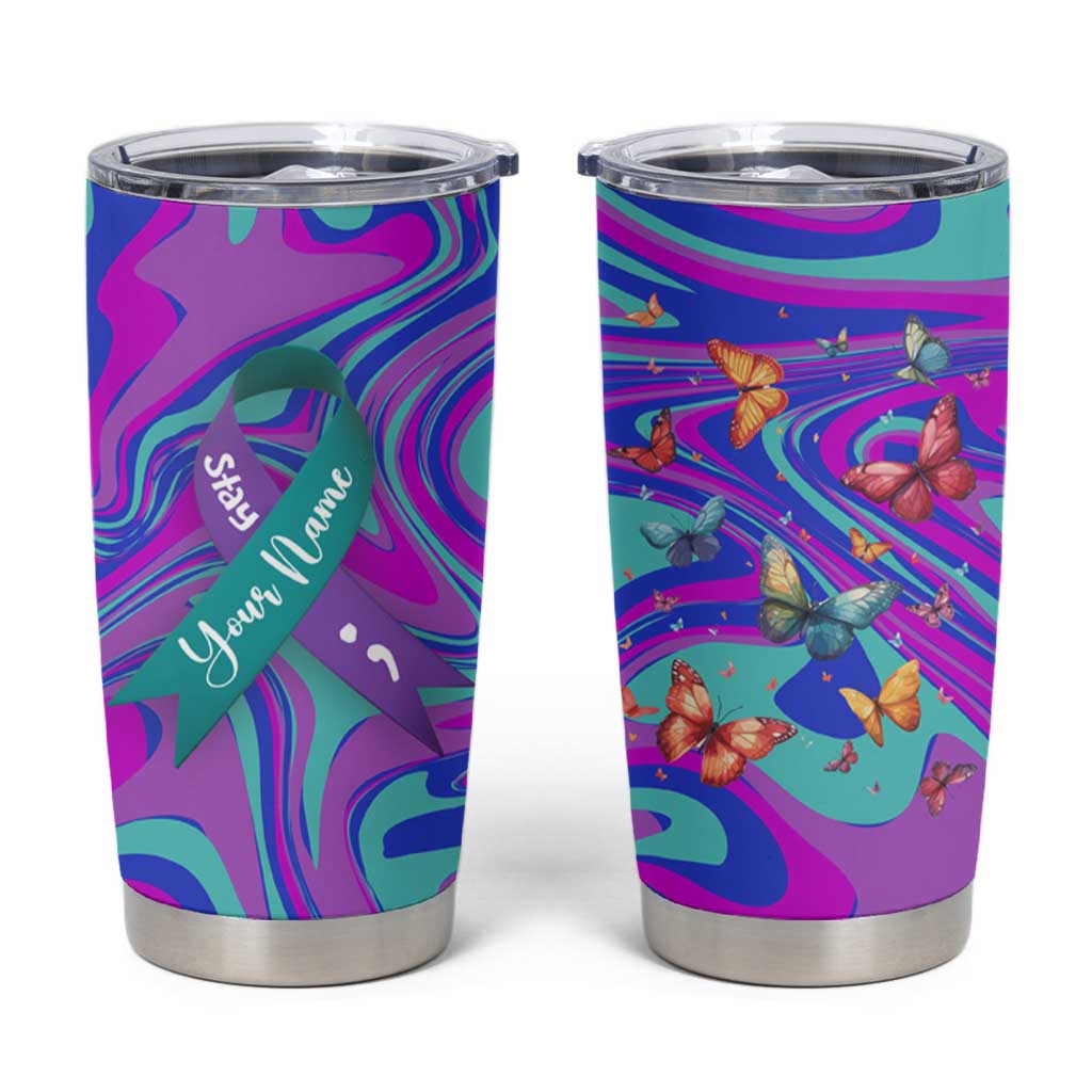 Personalized Suicide Prevention Awareness Tumbler Cup Custom Name Stay Semicolon Butterfiles Teal and Purple Hologram