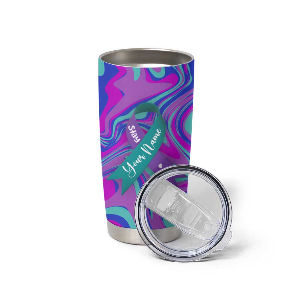 Personalized Suicide Prevention Awareness Tumbler Cup Custom Name Stay Semicolon Butterfiles Teal and Purple Hologram