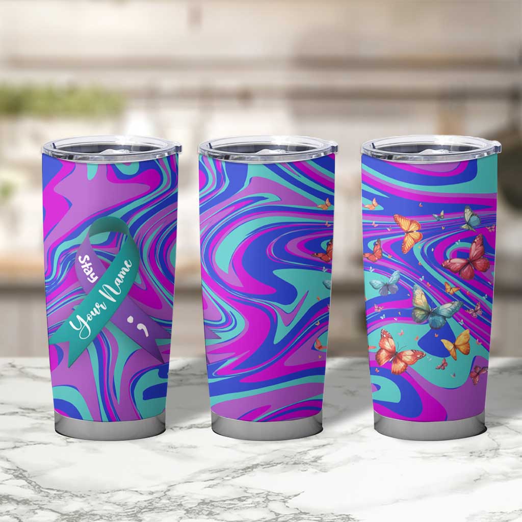 Personalized Suicide Prevention Awareness Tumbler Cup Custom Name Stay Semicolon Butterfiles Teal and Purple Hologram