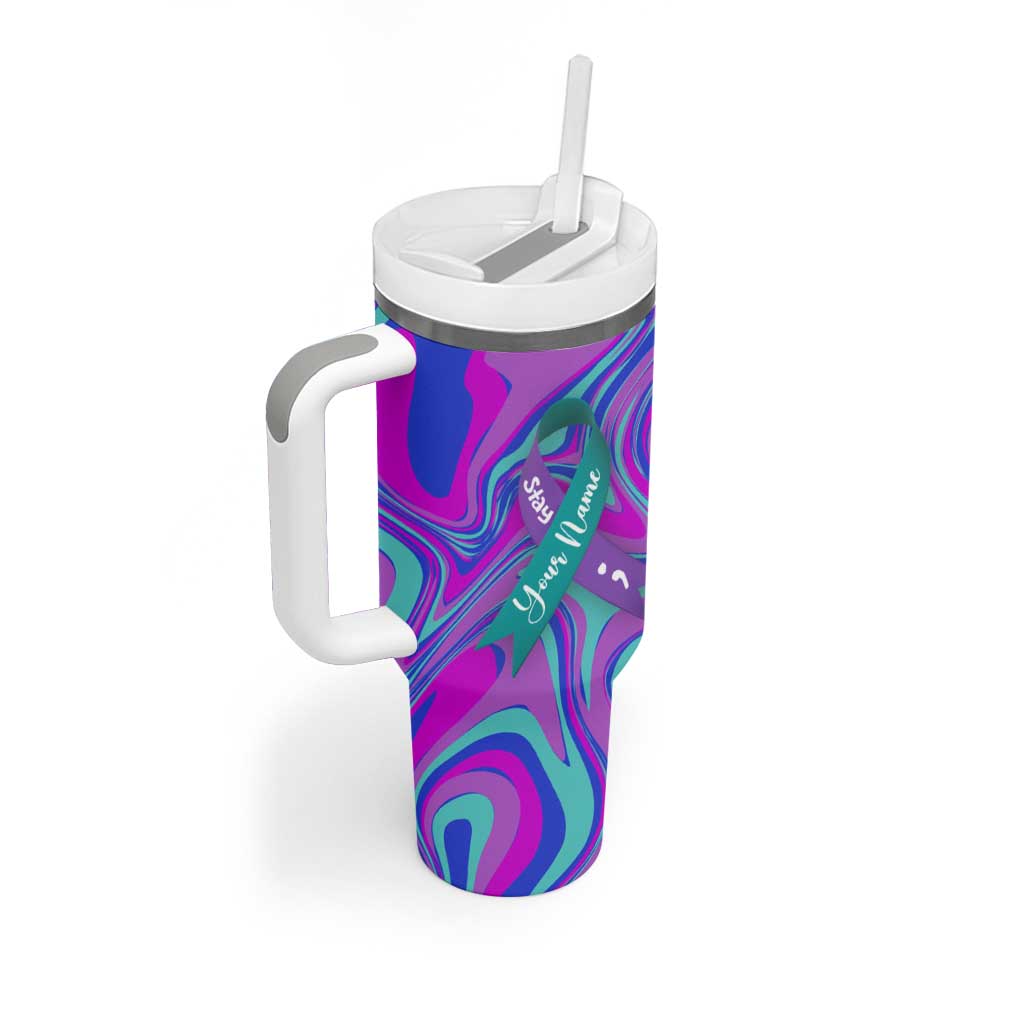 Personalized Suicide Prevention Awareness Tumbler With Handle Custom Name Stay Semicolon Butterfiles Teal and Purple Hologram