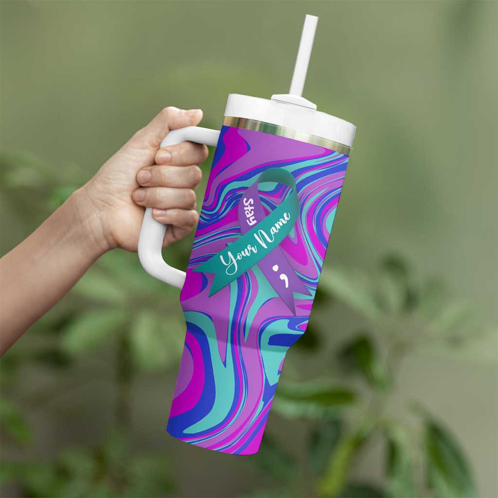 Personalized Suicide Prevention Awareness Tumbler With Handle Custom Name Stay Semicolon Butterfiles Teal and Purple Hologram