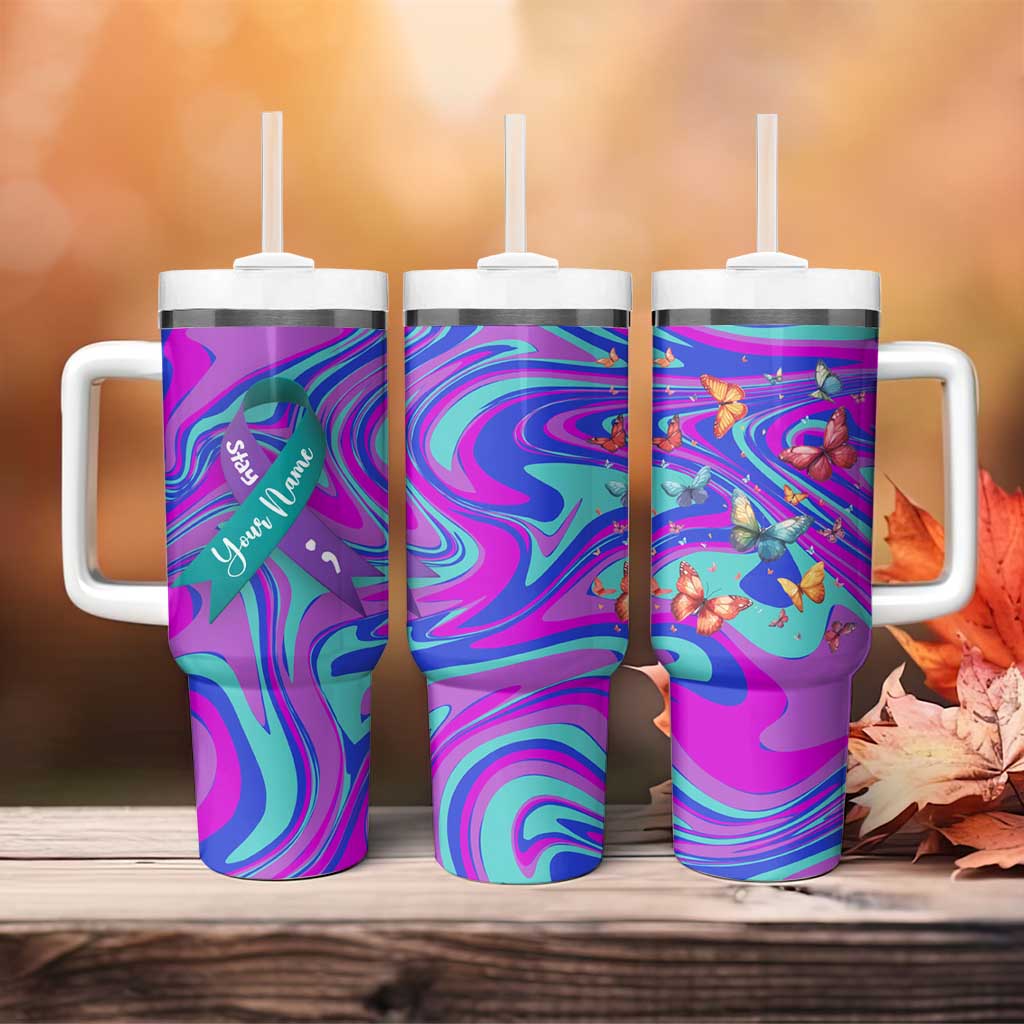Personalized Suicide Prevention Awareness Tumbler With Handle Custom Name Stay Semicolon Butterfiles Teal and Purple Hologram