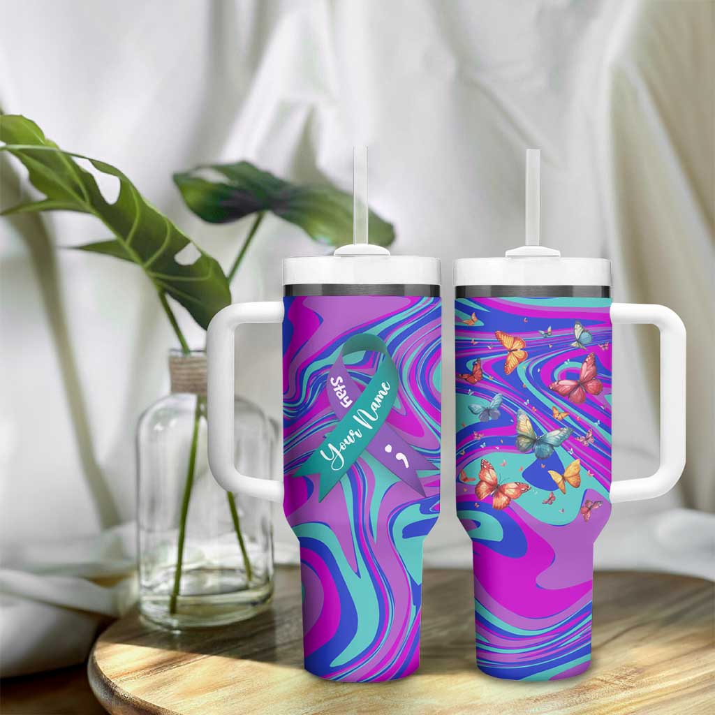 Personalized Suicide Prevention Awareness Tumbler With Handle Custom Name Stay Semicolon Butterfiles Teal and Purple Hologram