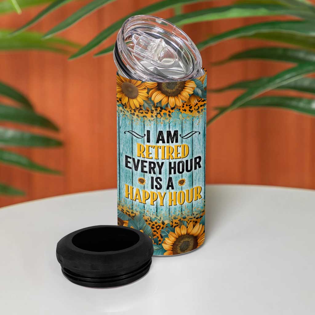 Funny Retirement Gifts For Women 4 in 1 Can Cooler Tumbler Retired Every Hour Is A Happy Hour - Wonder Print Shop